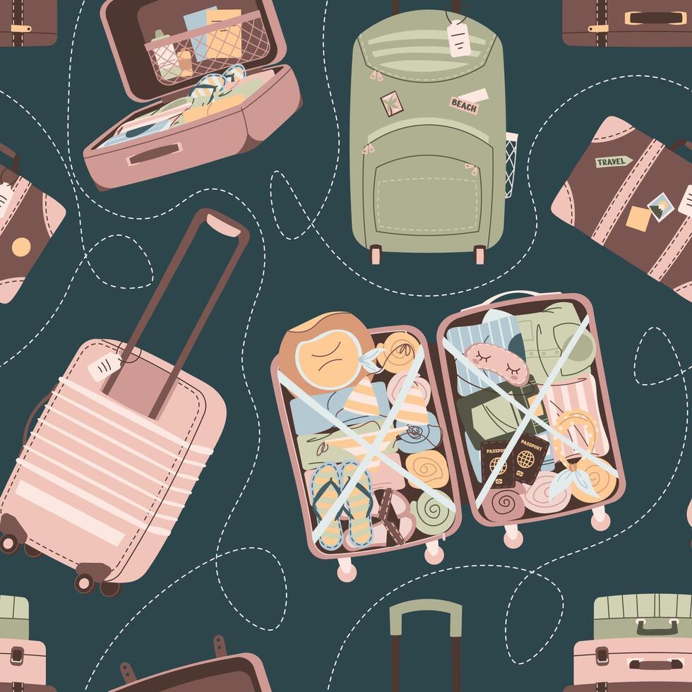 Seamless pattern with suitcases and bags. Endless background with luggage. Travel around the world, adventure. Great for wallpaper, scrapbooking, fabric vector