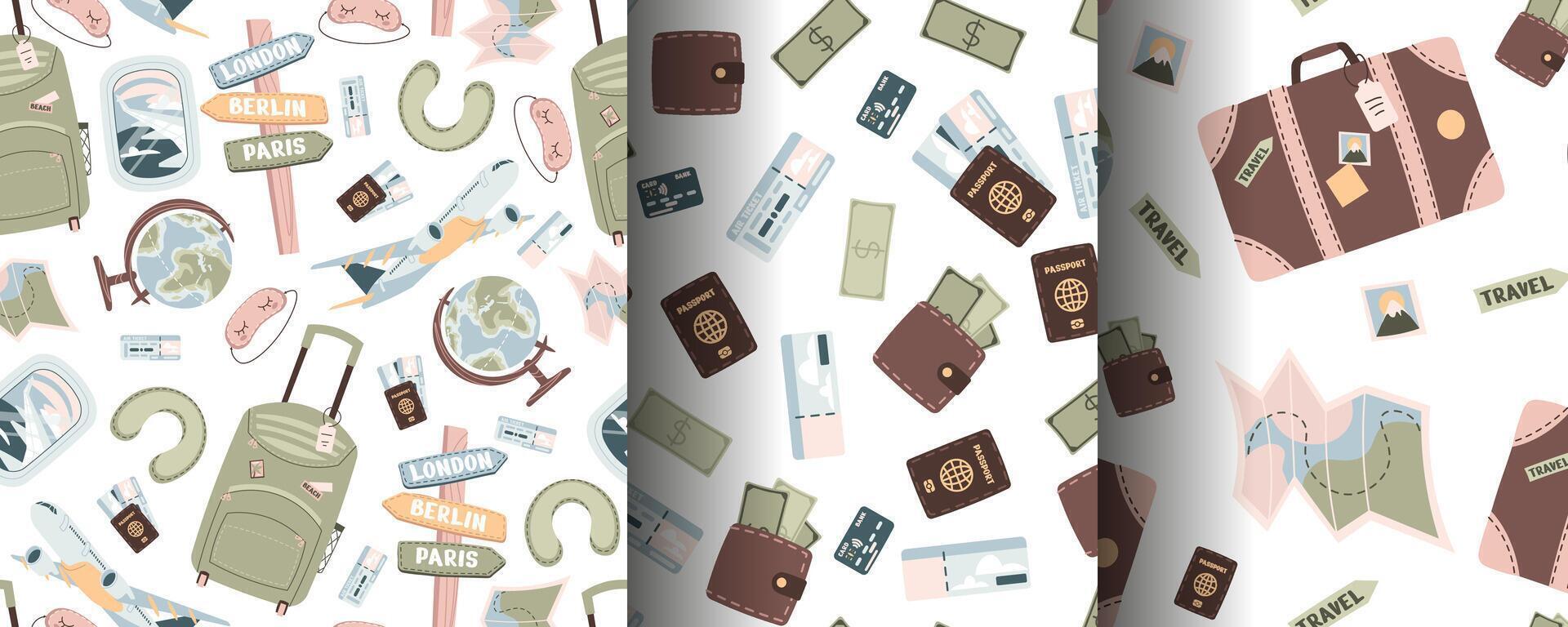 Set of seamless pattern with tourist items. Endless background with luggage, airplane, travel things. Travel around the world, adventure. Great for wallpaper, scrapbooking, fabric vector