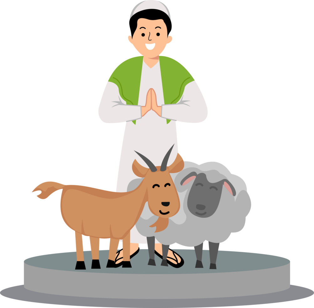 muslim man greeting happy eid al adha background with illustration of goat and sheep sacrificial png