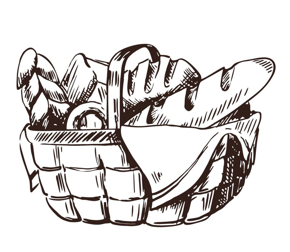 In a wicker basket lies bakery products and bread assortment. Loaf and whole grain bread, baguette, bun. sketch style vector