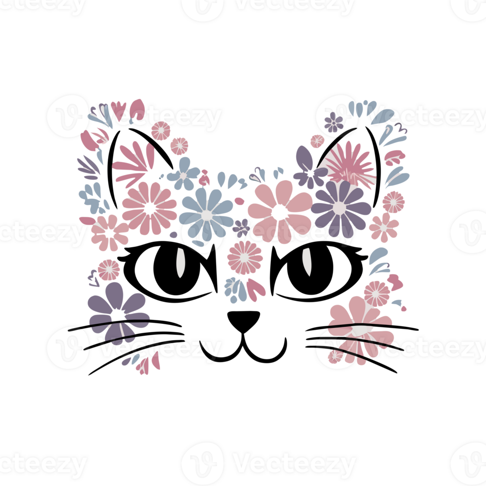 cat's face is embellished with colorful floral patterns png