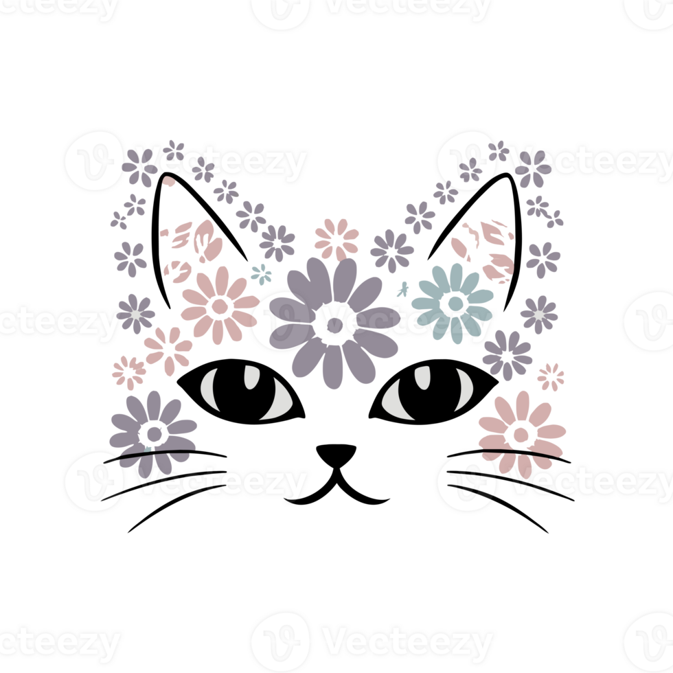 cat's face is embellished with colorful floral patterns png