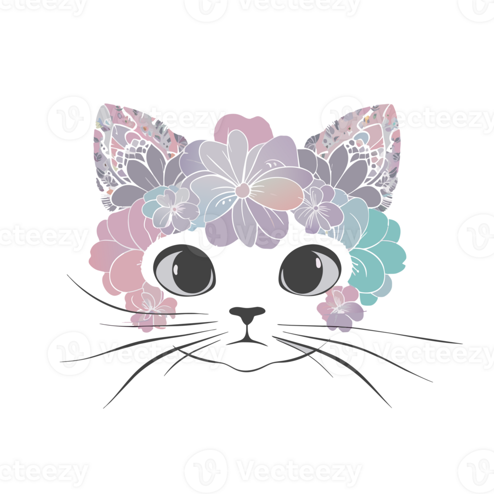 cat's face is embellished with colorful floral patterns png