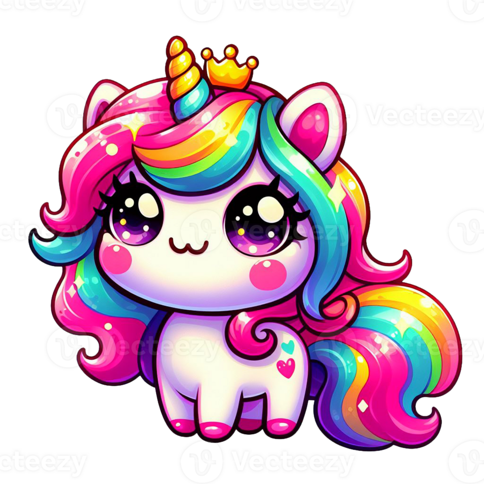 A cartoon-style unicorn with a rainbow-colored mane and tail sits png