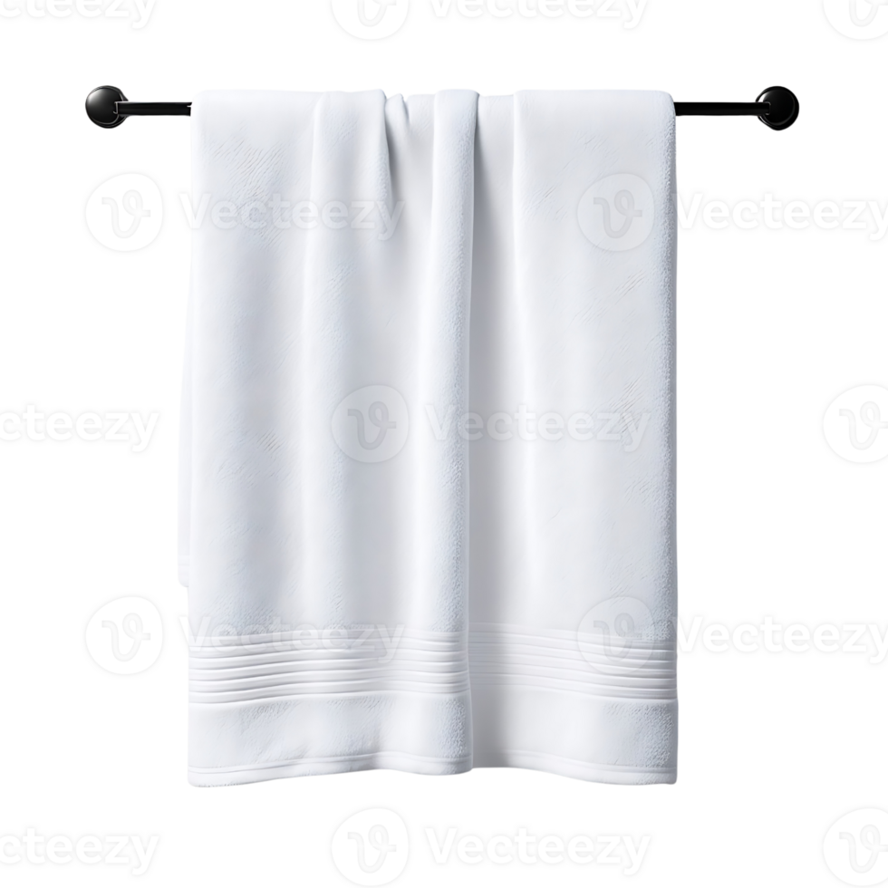 A white soft towel hanging on a towel rack. Perfect for home use, providing convenience and comfort after a shower. png