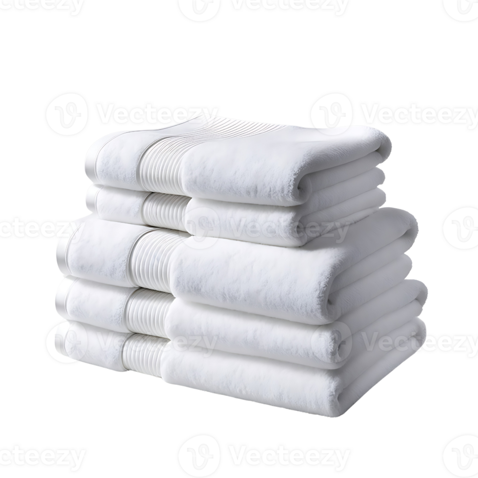 Two small and three large soft white towels neatly folded in a stack. Perfect for bathroom and spa. png