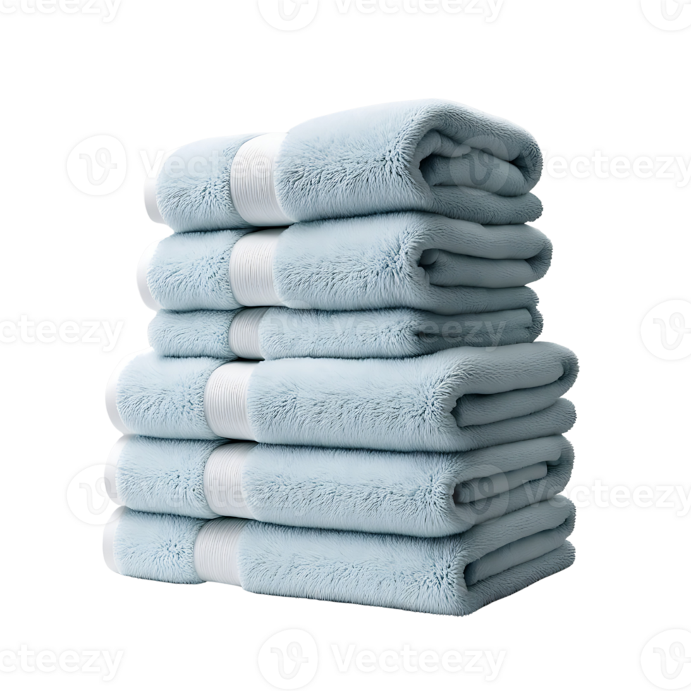Three small and three large pale blue towels neatly folded in a stack. Perfect for bathroom and spa use. png