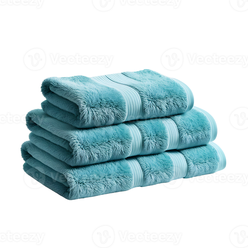 Three neatly folded blue soft towels of different sizes, folded into a pyramid. Ideal for bathroom decor and spa concepts. png