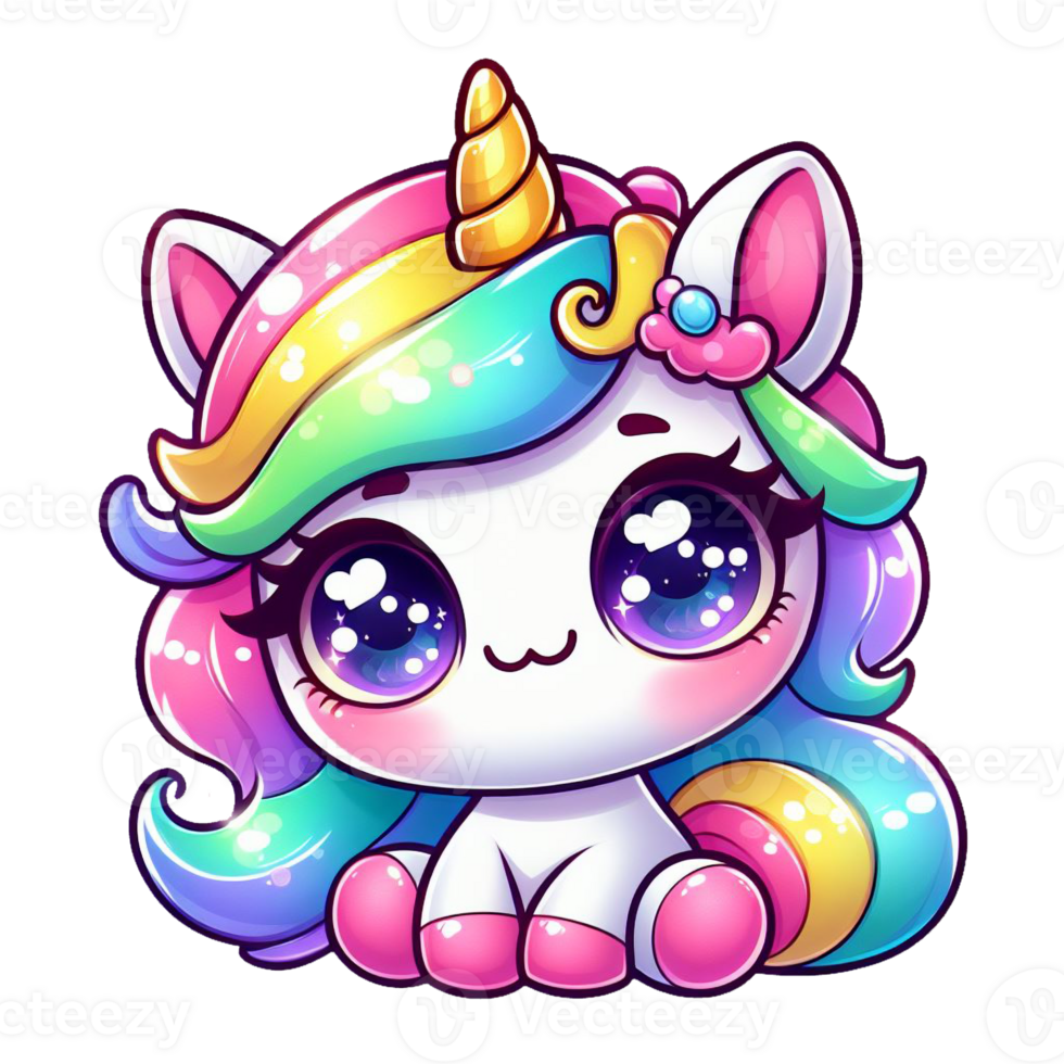 A cartoon-style unicorn with a rainbow-colored mane and tail sits png