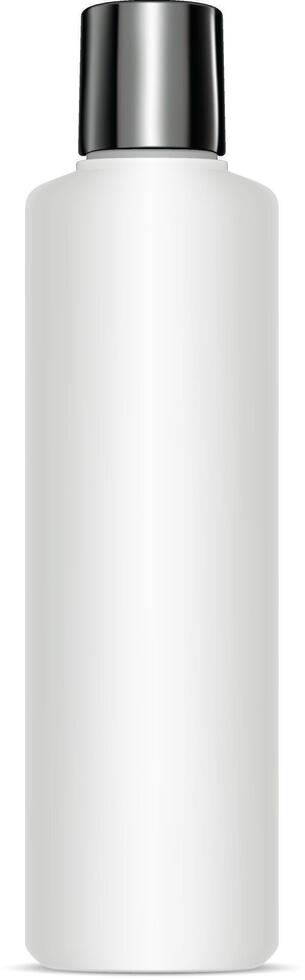 Round Cosmetic Bottle with Black Shiny Cap. Mockup. White Milk Plastic Container Blank for Shampoo, Gel, Isolated on Background. 3d Tubular Object Packaging Illustration. vector