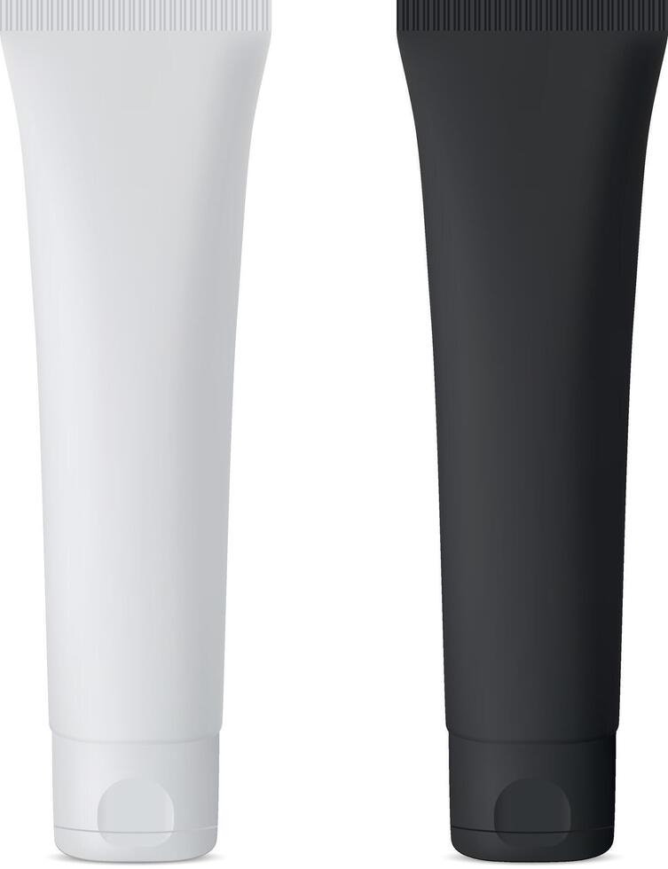 Cosmetic Cream Tube. Black and White Mockup Set. Luxury Soft Packaging for Gel, Tooth Paste, Mask. Plastic Container with Cap for Skin Care Moisturizer. 3d Realistic Jar Set. vector