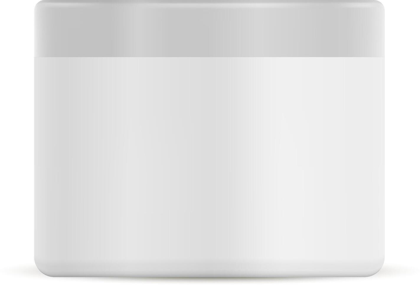 White Plastic Cream Jar. Face Cosmetic Container. Bottle for Body Creme or Lotion. 3d Round Packaging with Cover for Powder, Scrub, Butter. Medical Ointment Product Pack. Skin Care vector