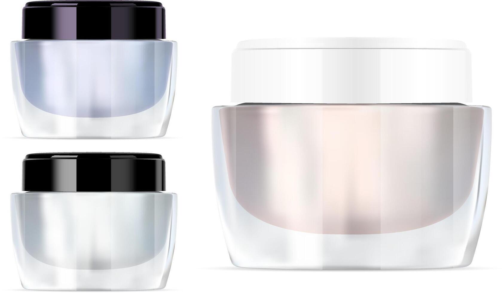 Glass Cream Jar. Beauty Cosmetics Container. Luxury Product Transparent Packaging Blank with White and Black Glossy Lid. Clear Pot for Medical Powder. vector