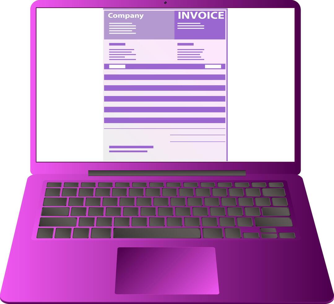 Abstract Laptop with Complete Online Invoice Application Form on White Screen. Notebook Pc with Keyboard. Digital Checklist Website. Modern Web Concept. Desktop Symbol. vector