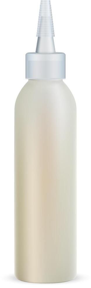 Hair Oil Dropper Bottle with Clear Cap. Realistic Vial for Protection Cosmetic with Vitamin and Shiny Effect. Collagen Fluid Drop. Camelia Flower Repair and Recover Spa Liquid Container. vector