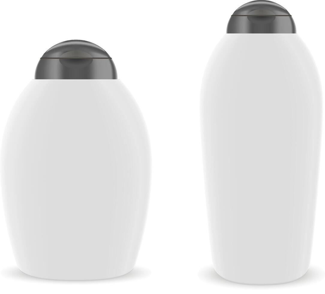 Oval Cosmetic Bottle Pack. Round White Mockup Collection. Beauty Product Container for Shampoo, Soap, Moisturizer. Clean Packaging with Round Silver Cap. 3d Plastic Collection. vector