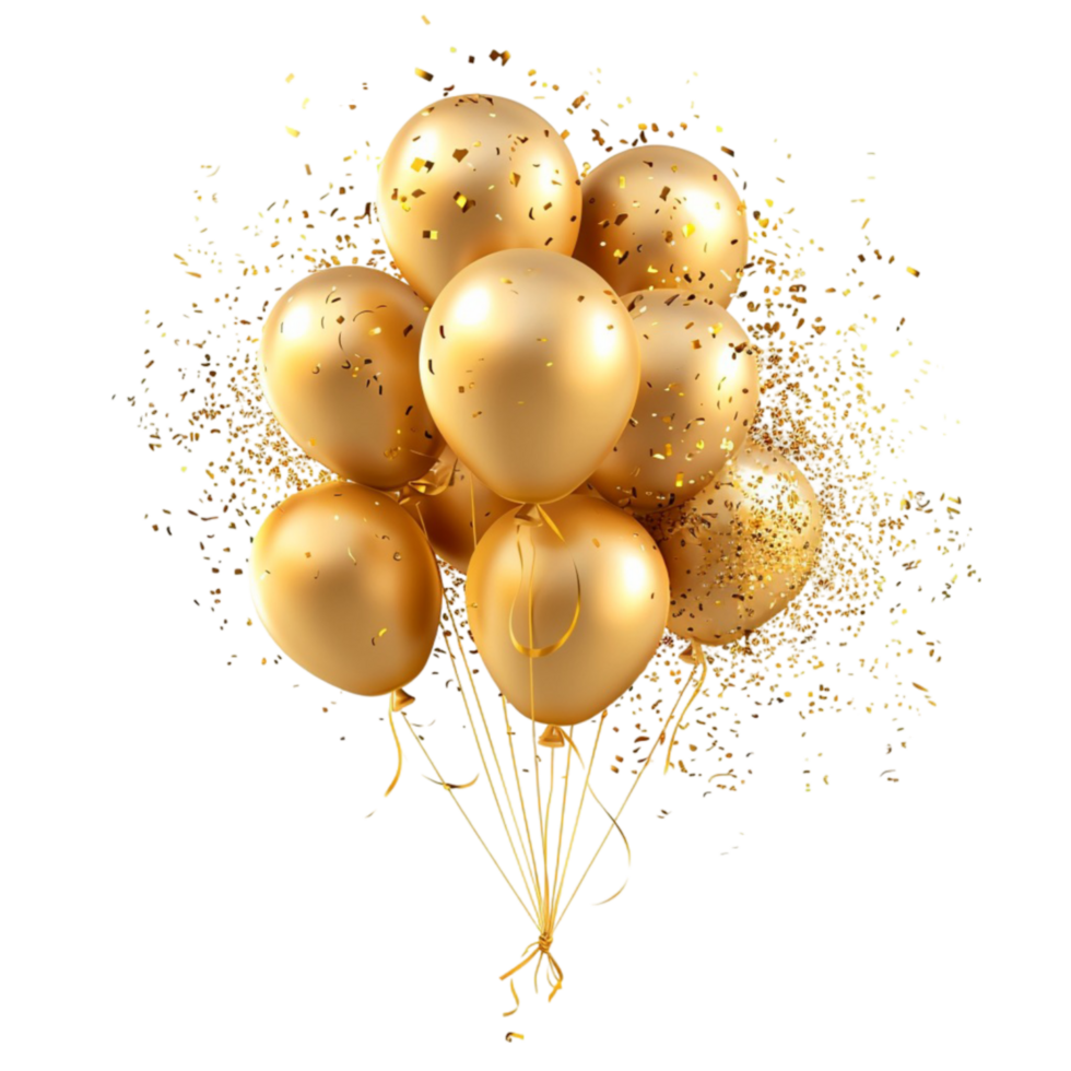 Yellow gold balloons and golden star glossy realistic gold glossy baloon for holiday isolated at transparent background png