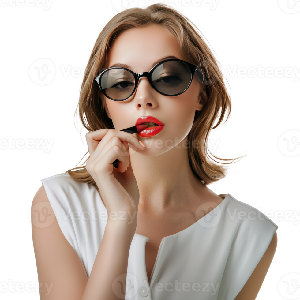 Young woman in sunglasses uses cosmetic lipstick for lips, transparent background png