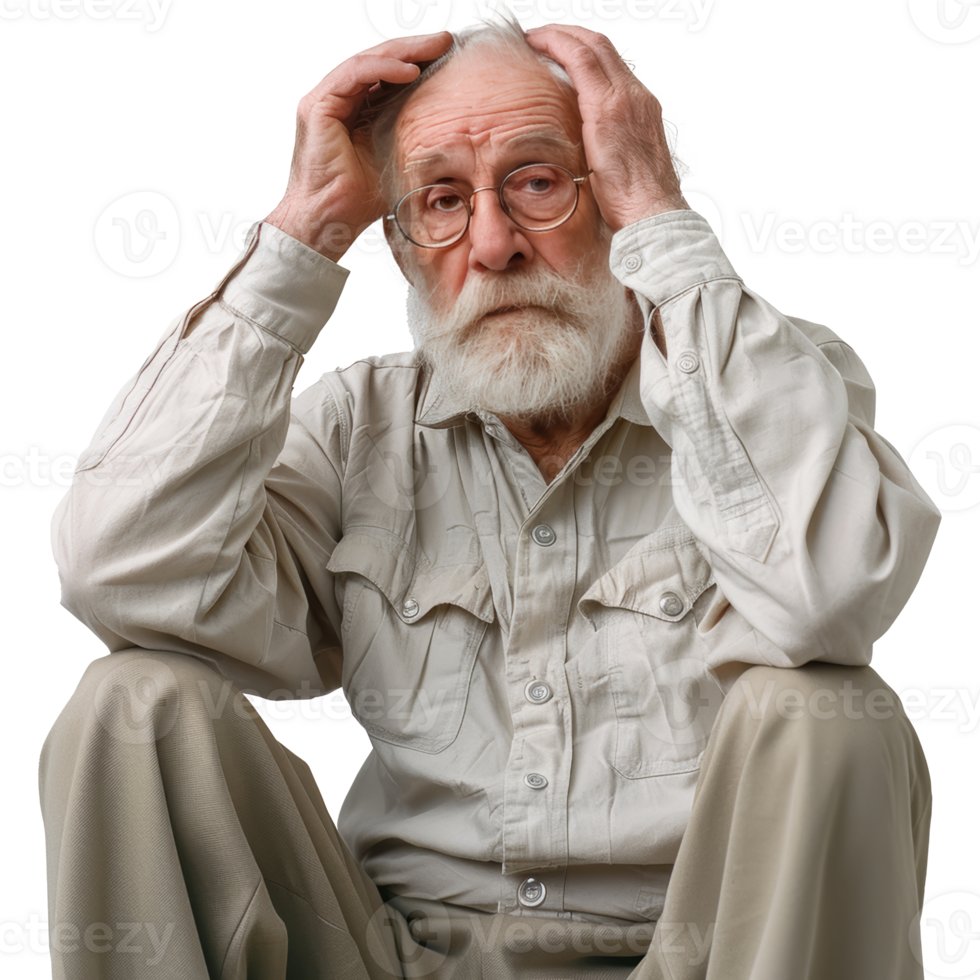 Old man forgetting with hands holding head, transparent background png
