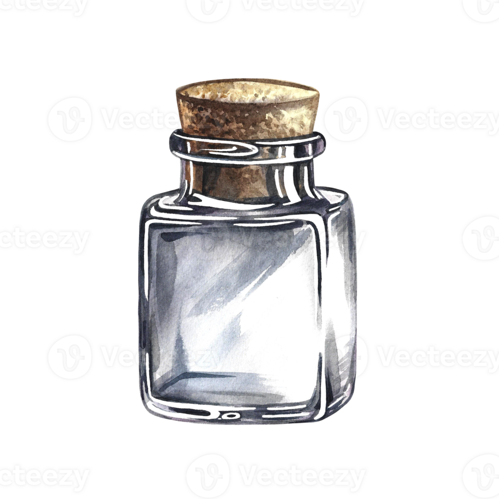 Empty glass vial with cork. Isolate. Watercolor hand drawn illustration. For the design of medical formulations, flyers, banners. For label, packaging of cosmetology and perfumery. png