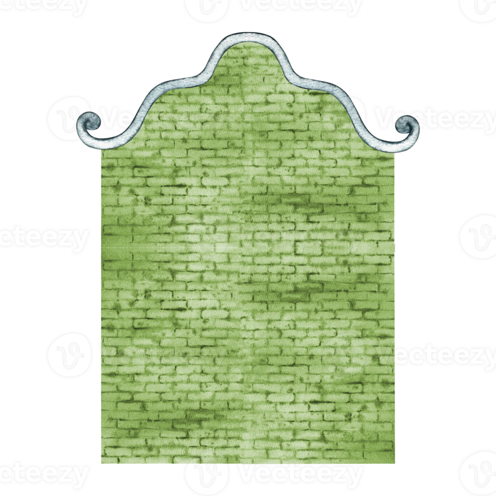 The empty facade of a brick house without windows and doors. An old European green house in a vintage style. The watercolor illustration is made by hand. Isolate it. Design element png