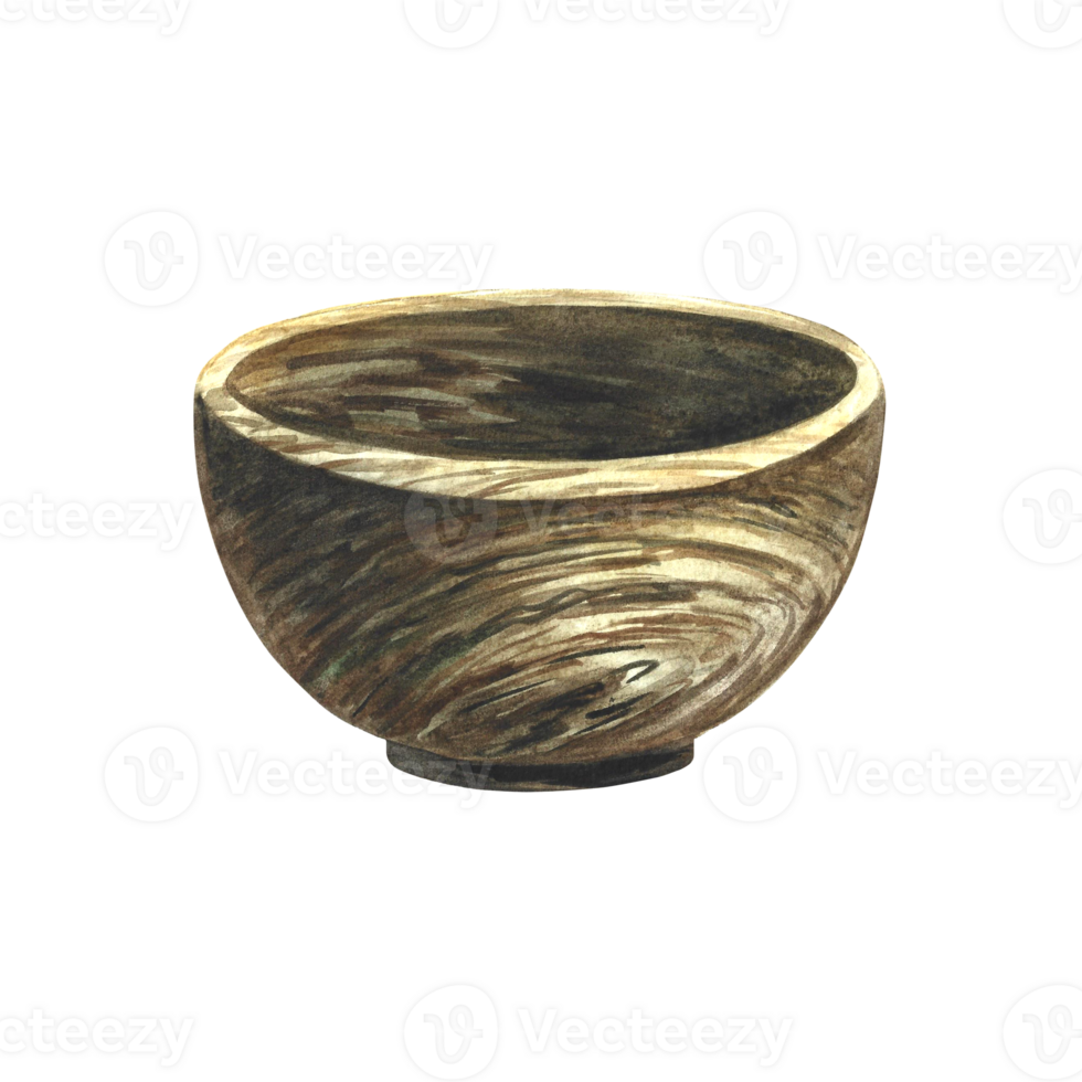 Empty wooden bowl. Isolate. Watercolor hand drawn illustration. For the design of flyers, banners, packaging and labels for the food industry, medicine and cosmetology. png