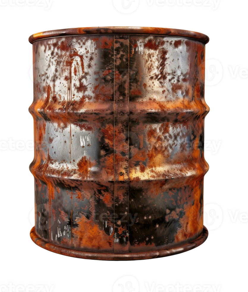 Weathered rusty steel oil barrel against transparent background png