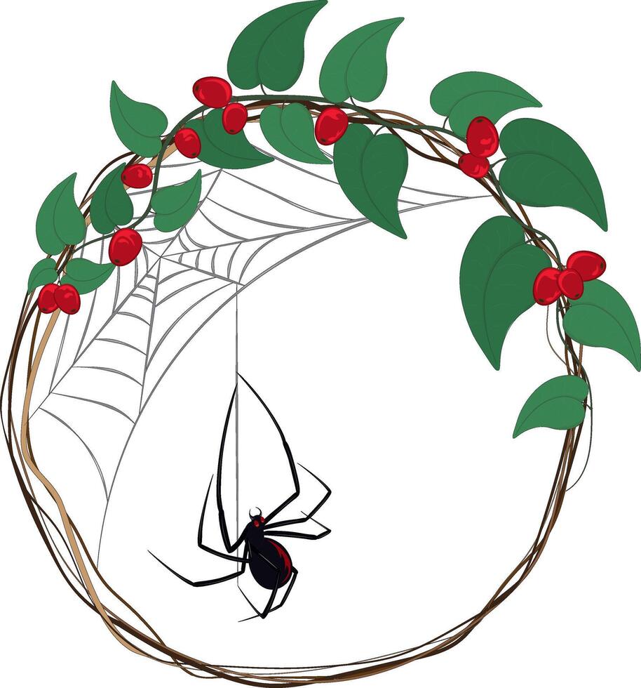 Big black venomous spider on cobweb in circle frame illustration vector