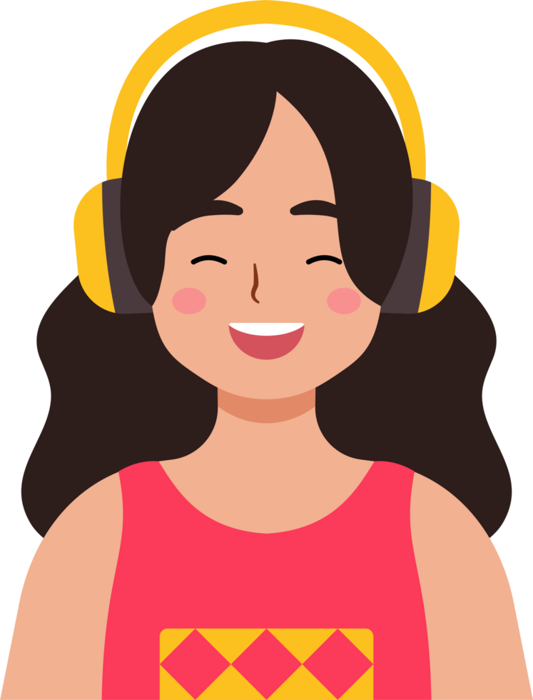 A young woman wearing headphones is smiling and enjoying his music png