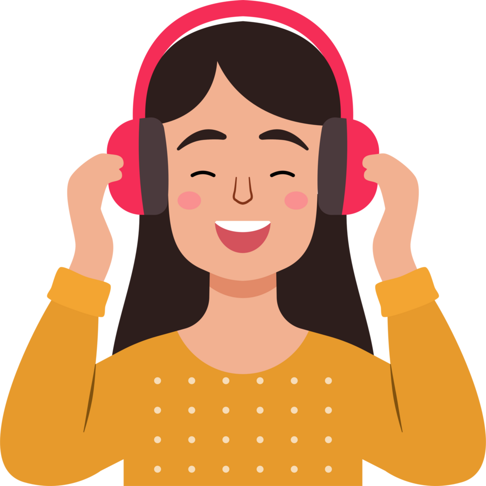 un joven mujer vistiendo auriculares es sonriente y disfrutando su música png