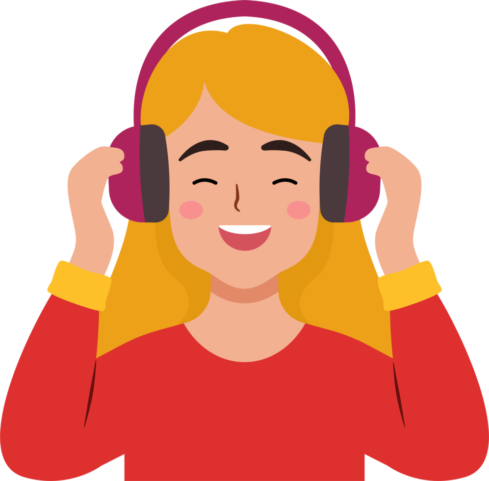 A young woman wearing headphones is smiling and enjoying his music png
