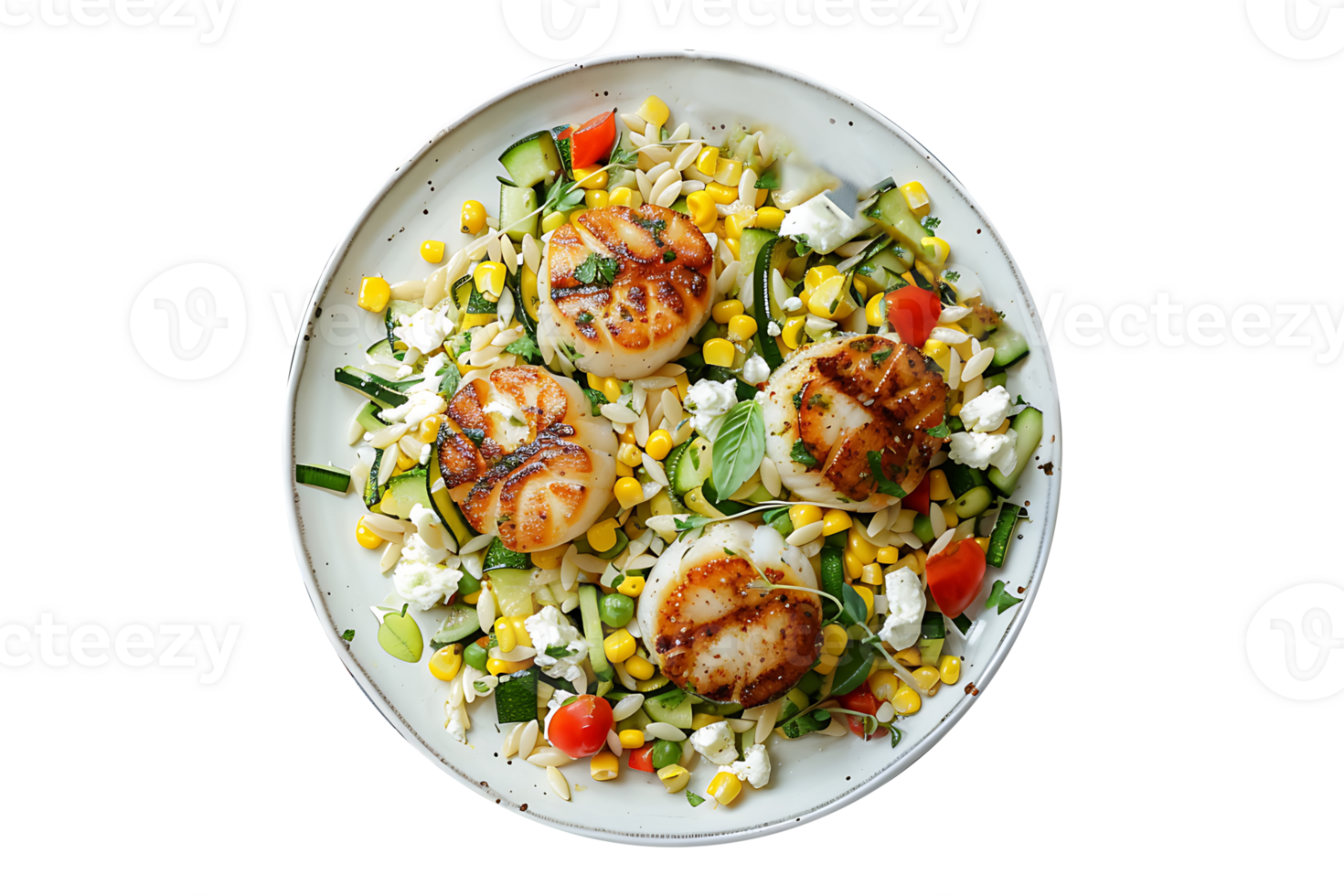 Grilled Corn Zucchini Orzo Salad with Goat Cheese on a transparent background png