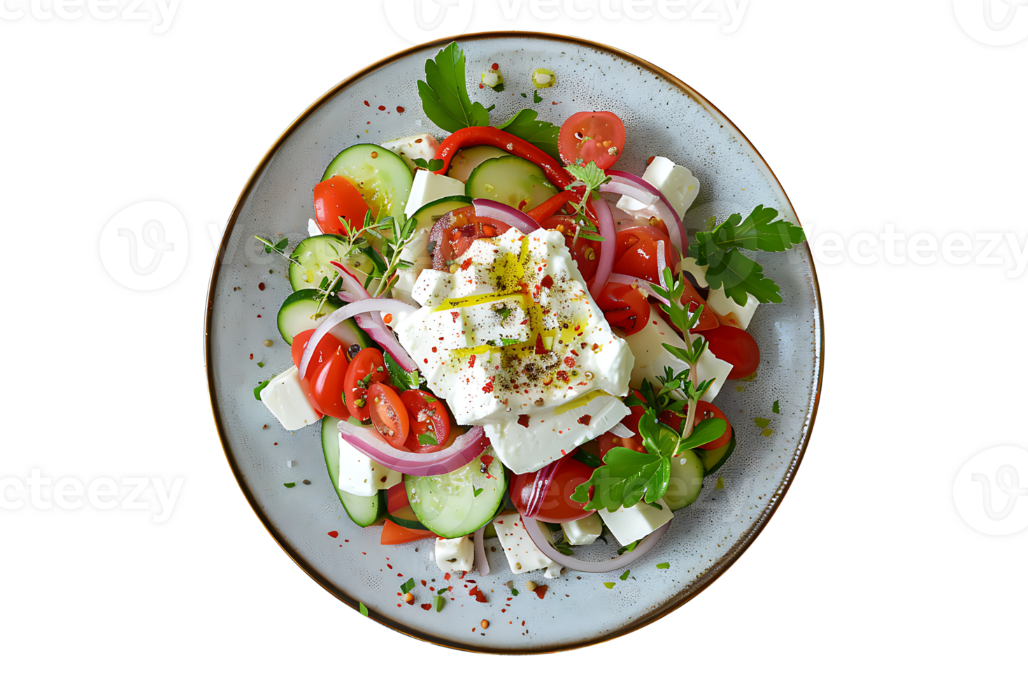 Greek Salad Recipe with Feta Mousse on a transparent background on a transparent background png