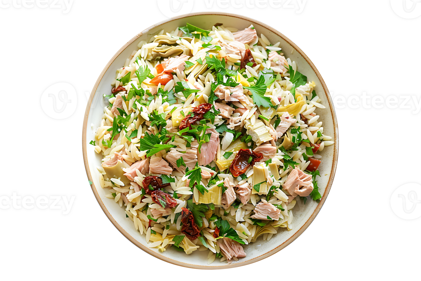 Mediterranean Orzo Salad with Tuna Artichoke on a transparent background png