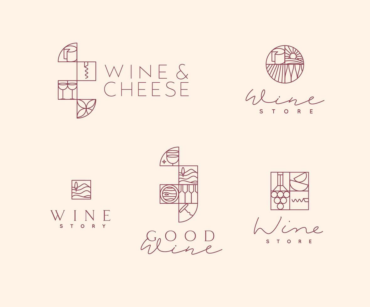 Wine art deco lettering labels drawing in linear style on light background vector