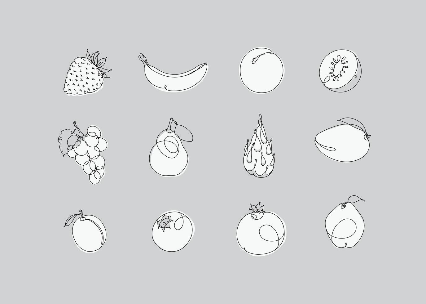 Fruits icons strawberry, banana, apricot, kiwi, grapes, pear, dragon fruit, mango, peach, blueberry pomegranate quince drawing in linear style on grey background vector