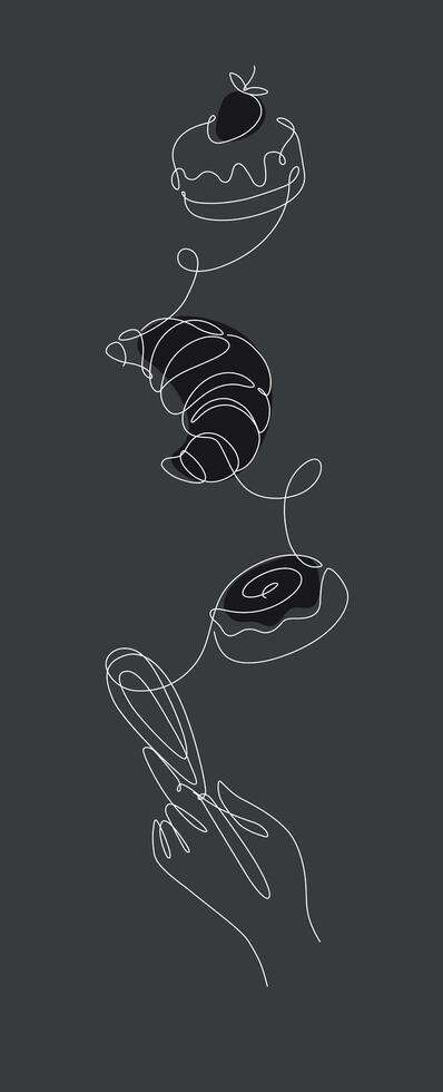 Bakery desserts cake, croissant and rolling pin linear style vertical silhouette drawing on black background vector