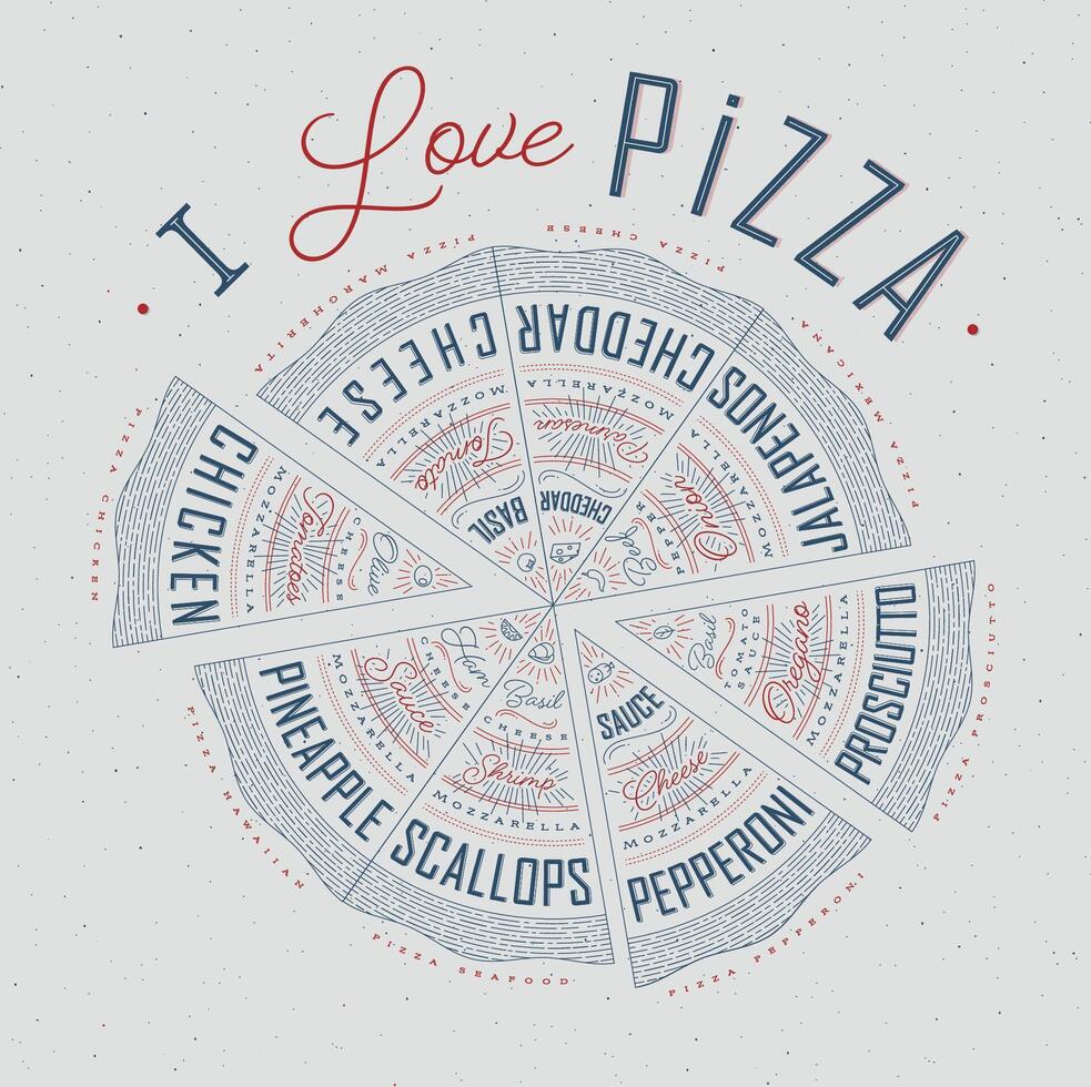 Poster featuring slices of various pizzas, chicken, seafood, pepperoni, cheese, margherita with recipes and names showcased in I love pizza lettering, drawn with blue and red on a grey background. vector