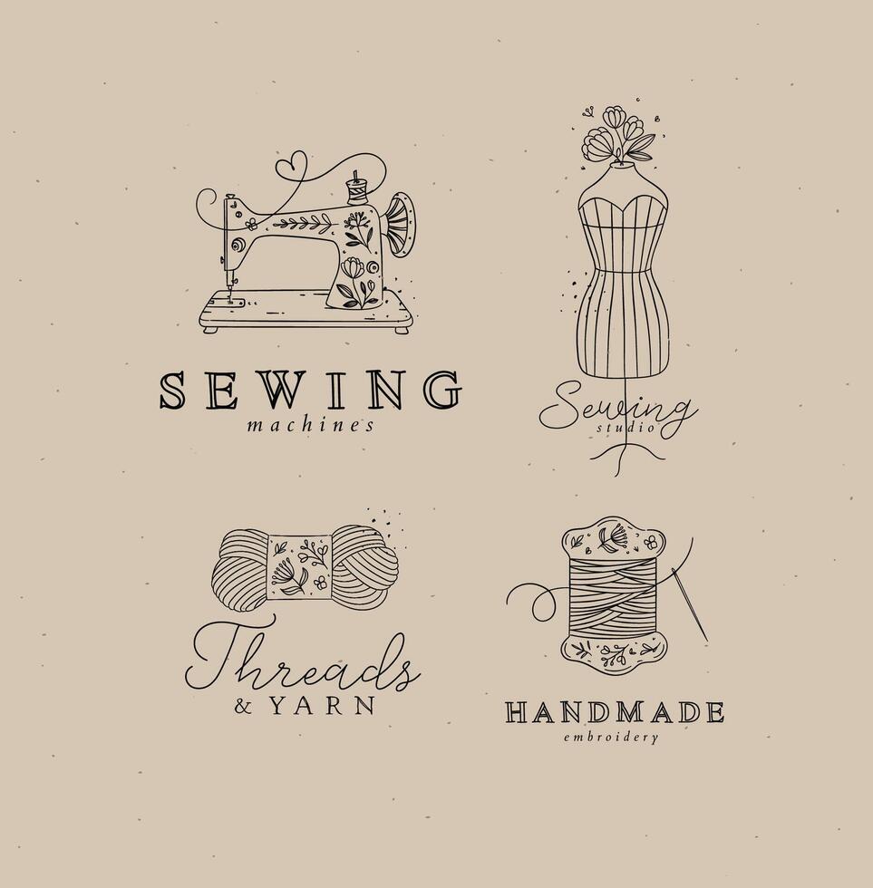 Sewing symbols machine, mannequin, wool, thread with lettering drawing in floral style on coffee color background vector