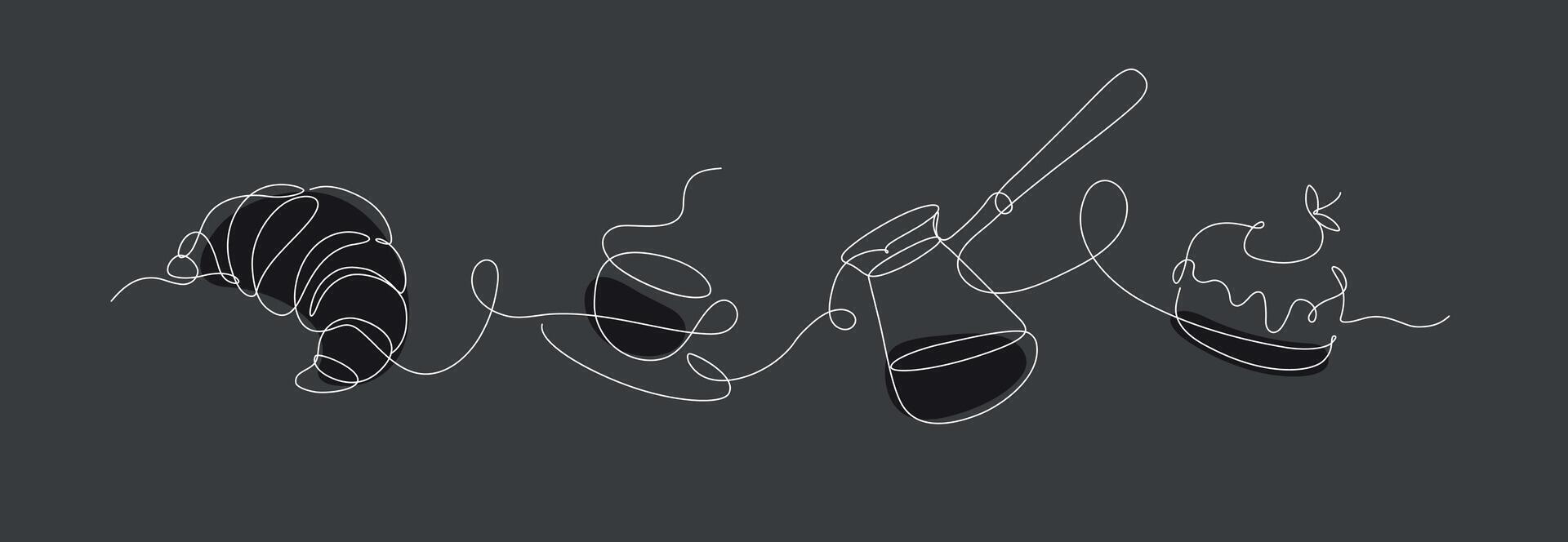 Bakery desserts cake, croissant, coffeepot and coffee cup linear style silhouette drawing on black background vector
