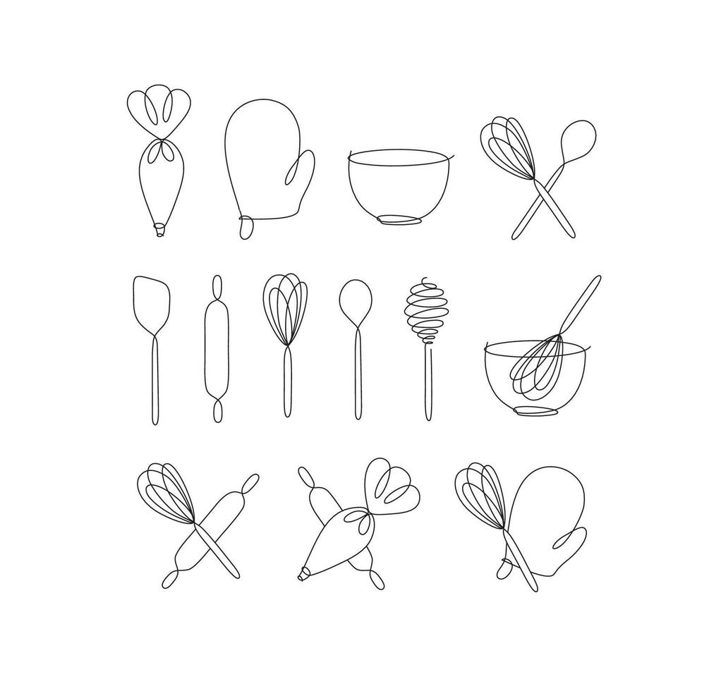 Linear bakery tools pastry bag, potholder, bowl, whisk, spoon, rolling pin, spatula drawing in pen line style on white background vector
