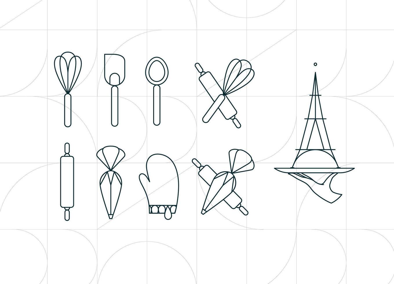Kitchen utensils in art deco style to prepare bakery products whisk, spatula, measuring spoon, rolling pin, pastry bag, potholder, dish drawing on white background vector