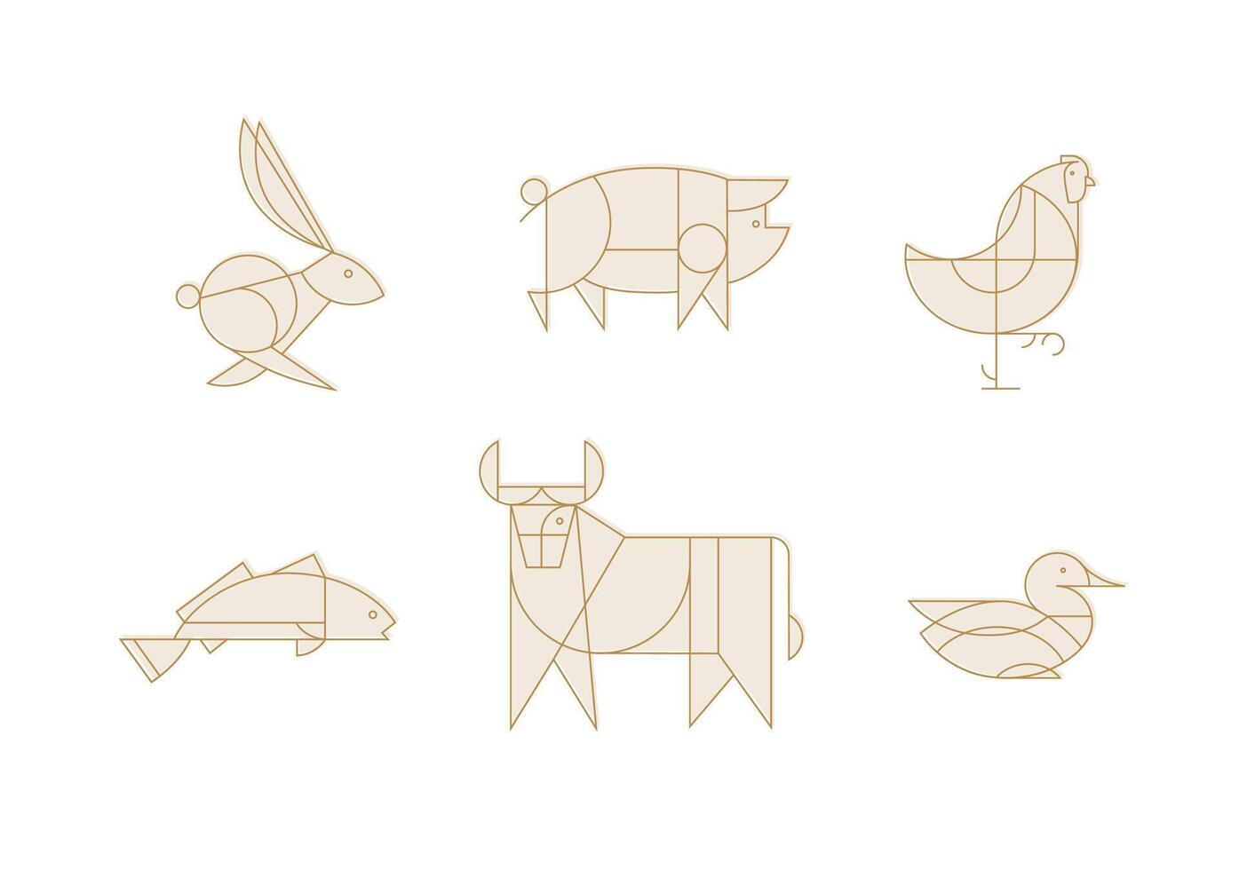 Animals rabbit, pig, chicken, fish, cow, duck drawing in art deco linear style on light background vector