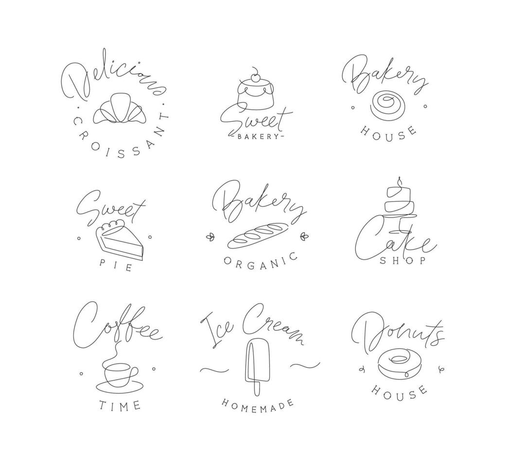 Linear bakery and dessert labels croissant, cupcake, pie, baguette, cake, coffee, ice cream, doughnut with lettering drawing in pen line style on white background vector