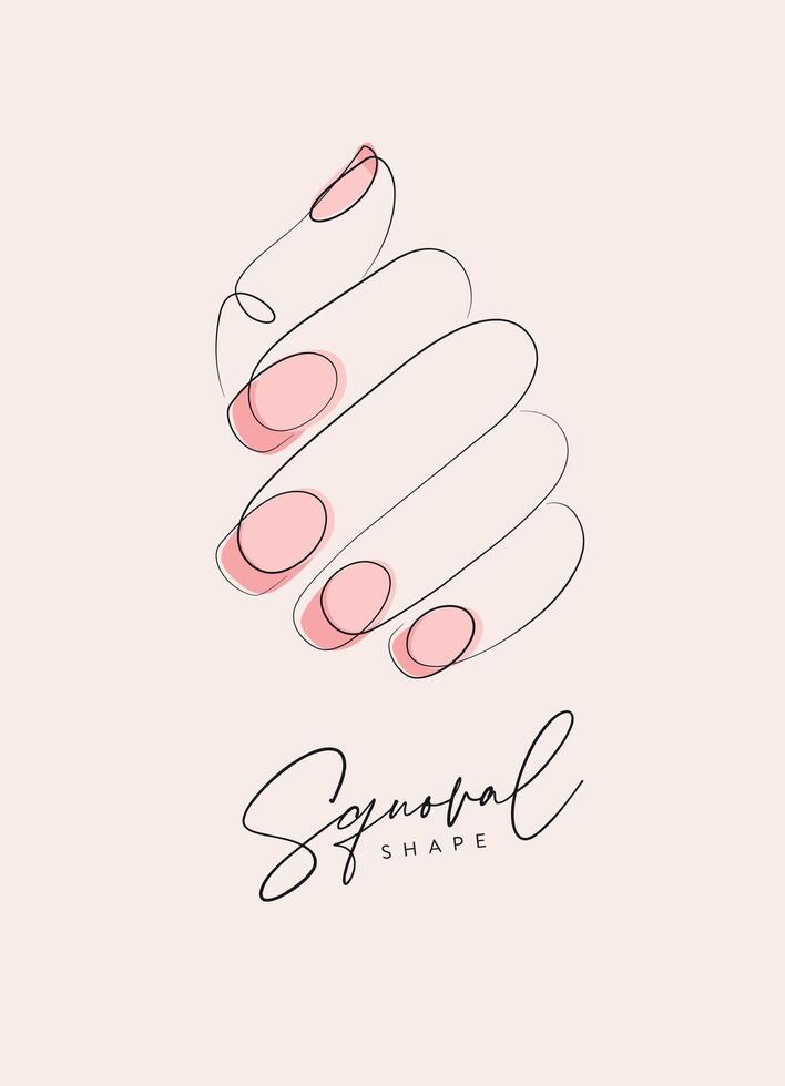 Woman hand with pink oval shape nails drawing in linear style on beige background vector