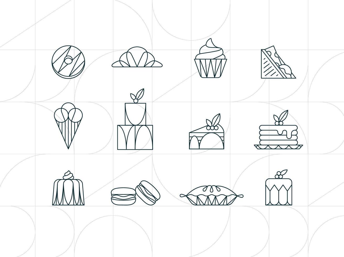 Dessert icons in art deco style donut, croissant, cupcake, sandwich, ice cream, cake, dessert, pancakes, macarons, pie jelly drawing on white background vector