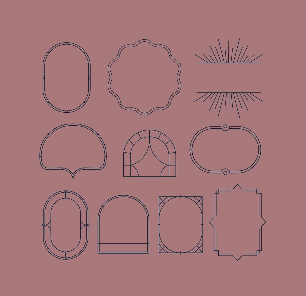 Art deco frames drawing in linear style on coral background. vector