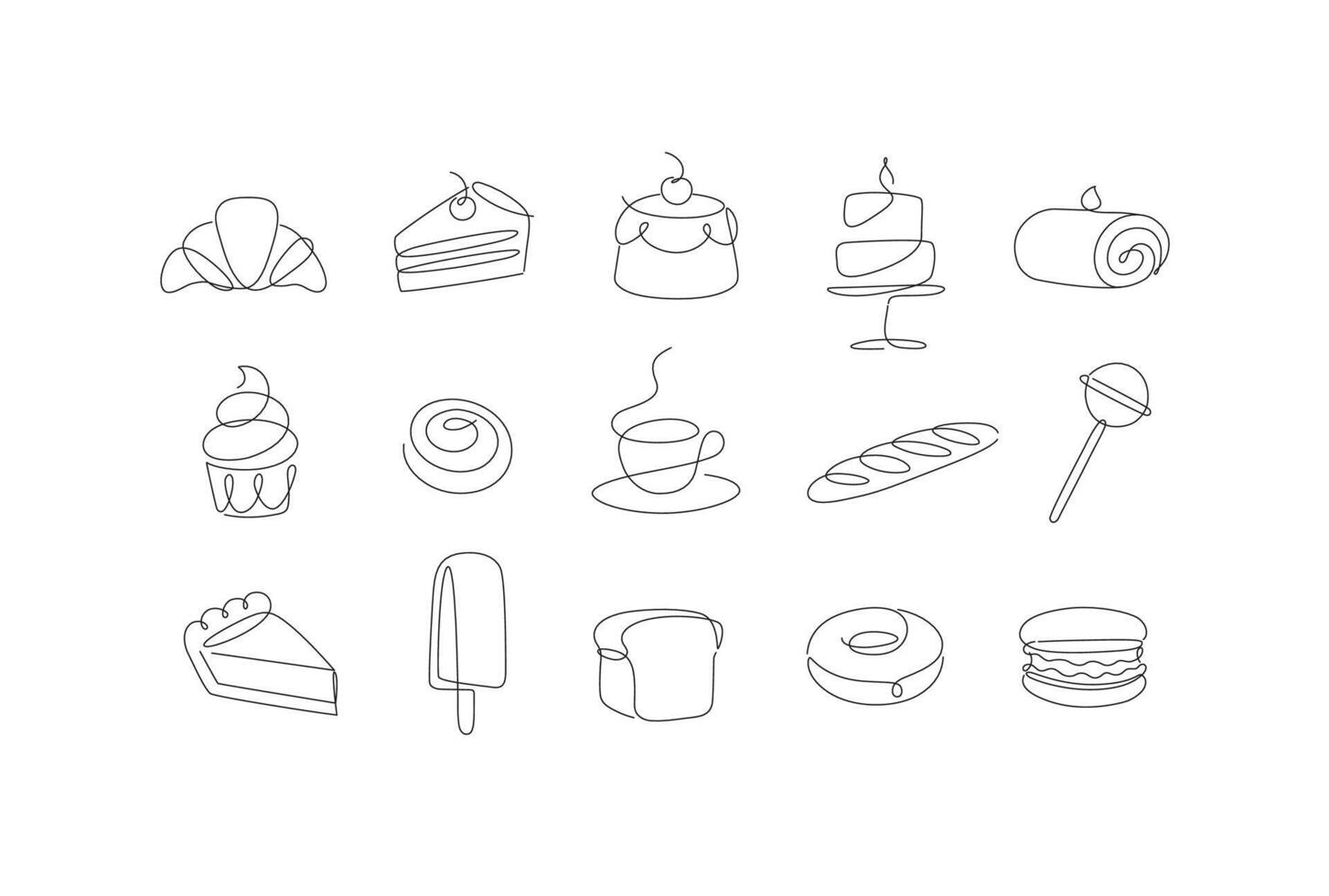 Linear bakery and dessert icons cupcake, lollipop, coffee, baguette, pie, doughnut, ice cream, cake, macarons, bread, biscuit drawing in pen line style on white background vector