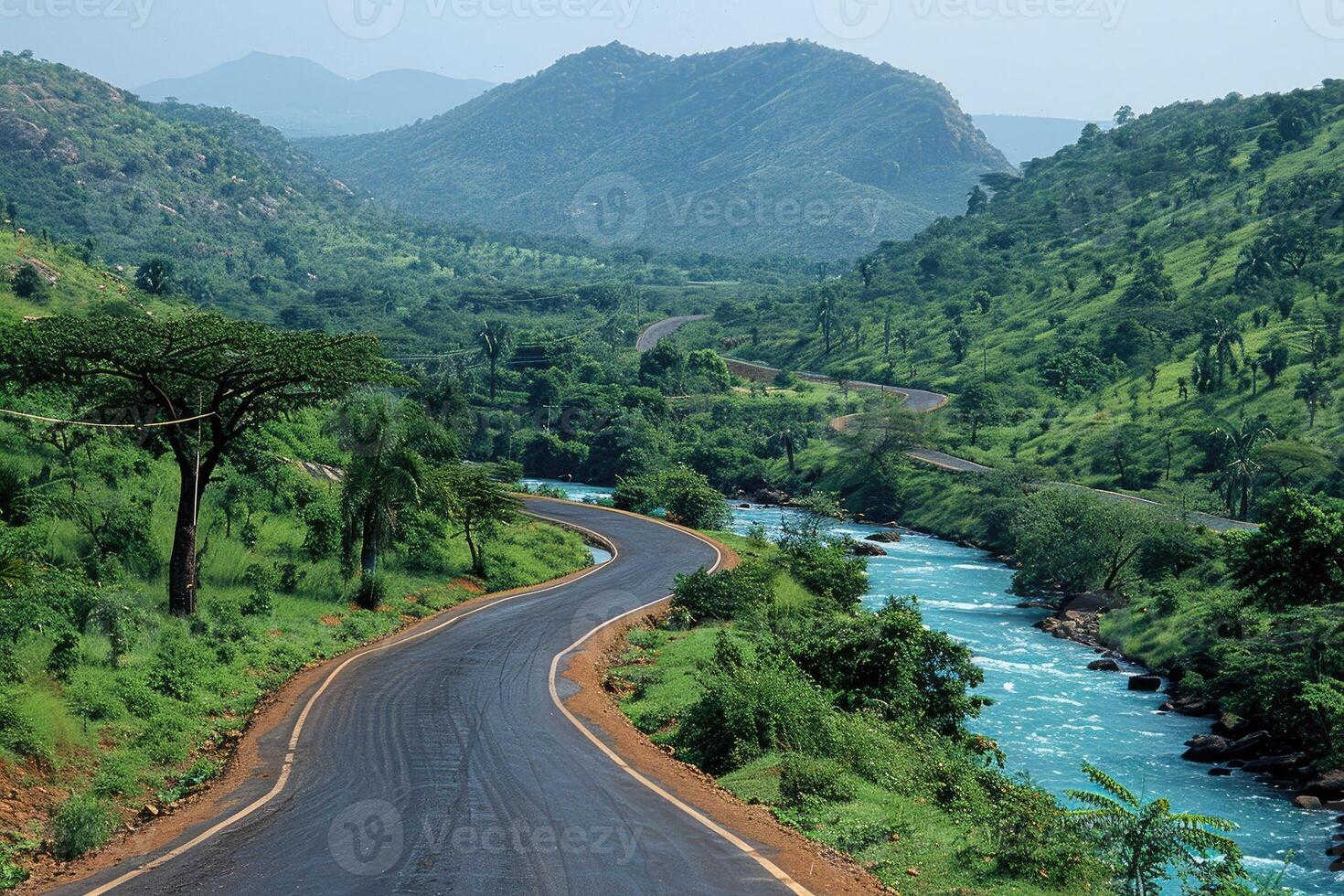 the river along with a road going through the border of the road professional photography photo