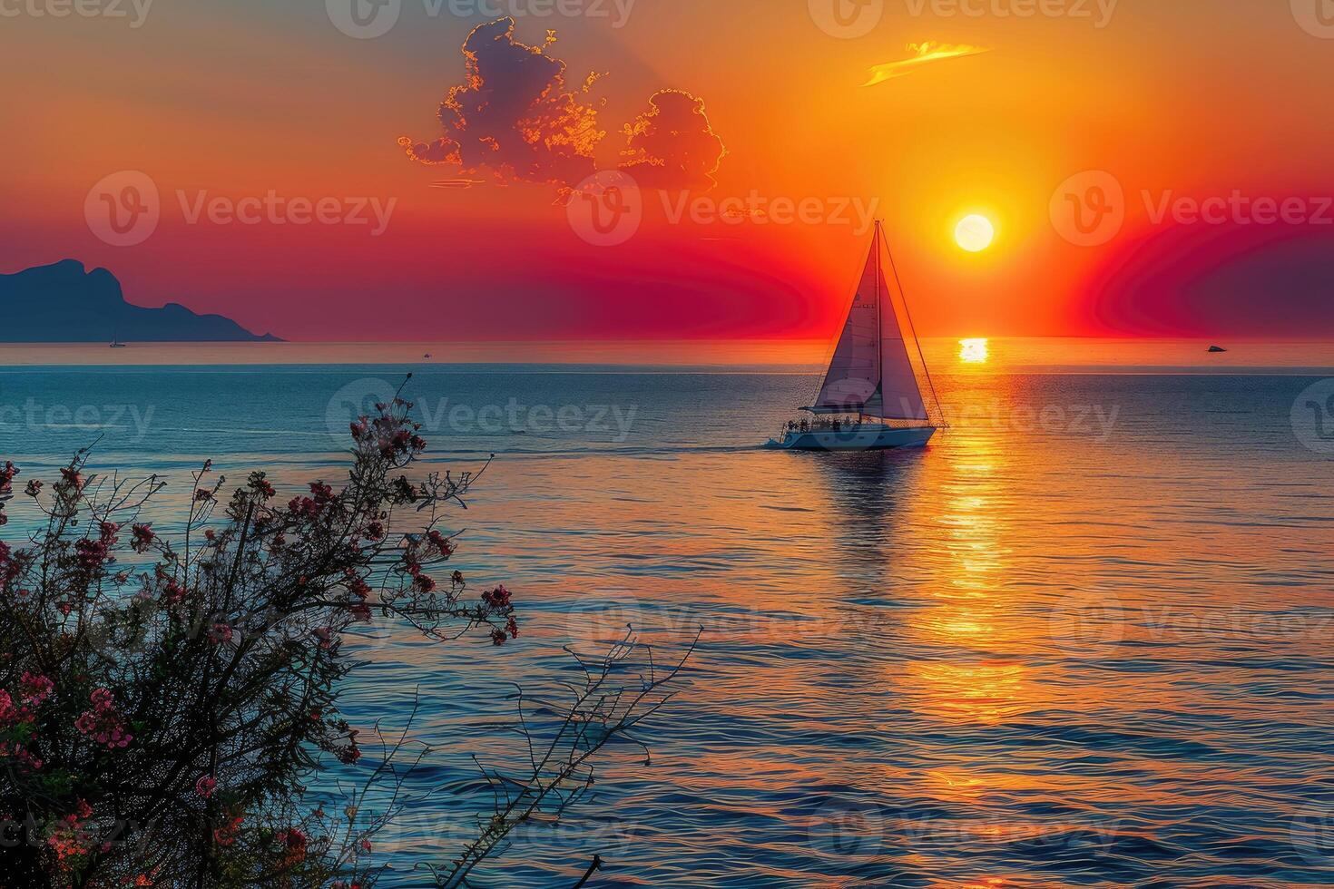 a wide view of the sea among Islands with the yacht sailing on sunset professional photography photo